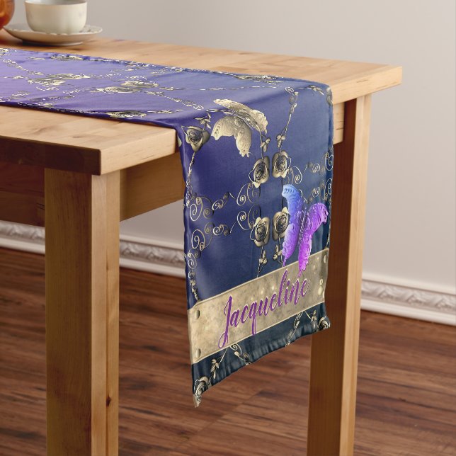 Silvery Rose Hearts & Butterflies w/Name Short Table Runner (In Situ)