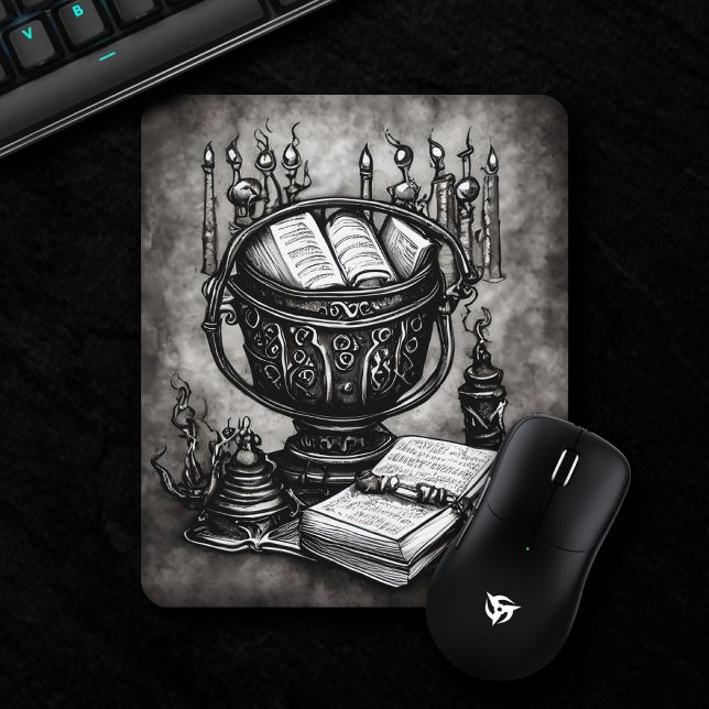 Silvery Steampunk Cauldron Spellbooks and Potions Mouse Pad (Creator Uploaded)