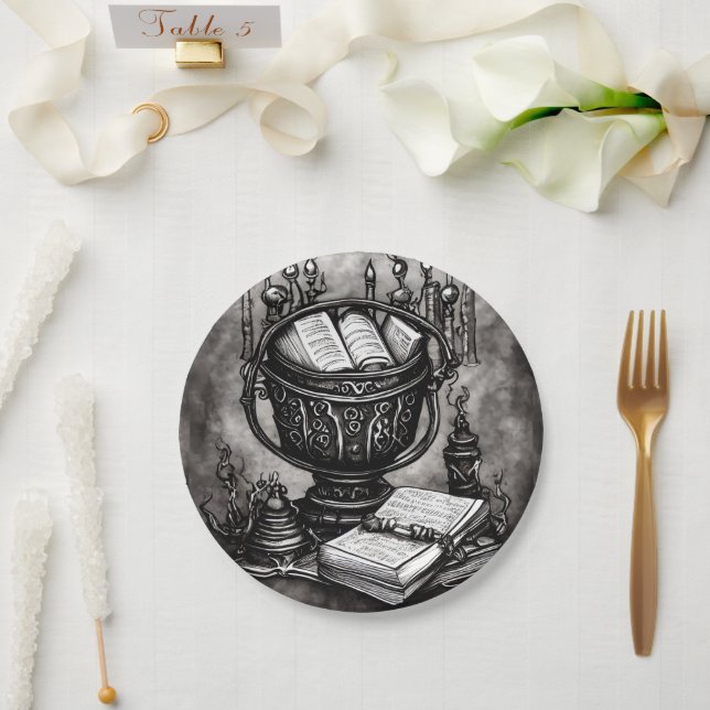 Silvery Steampunk Cauldron Spellbooks and Potions Paper Plate (Wedding)
