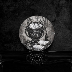 Silvery Steampunk Cauldron Spellbooks and Potions Round Clock
