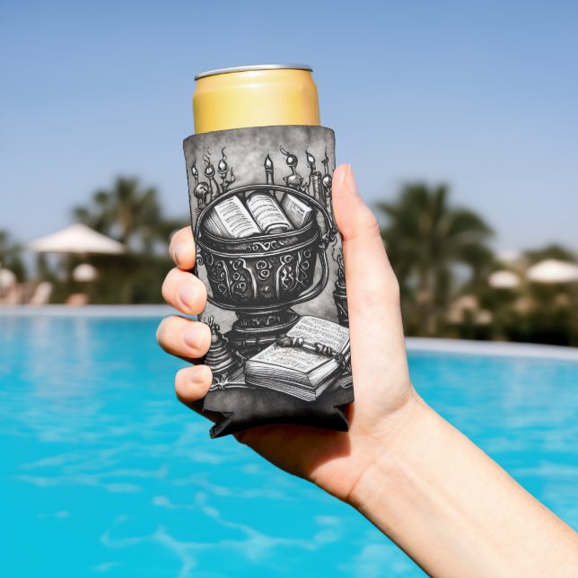 Silvery Steampunk Cauldron Spellbooks and Potions Seltzer Can Cooler (In Situ Pool)