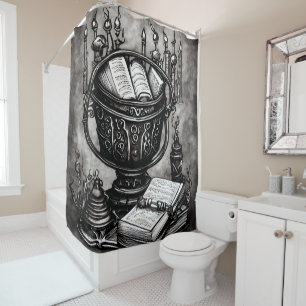 Silvery Steampunk Cauldron Spellbooks and Potions Shower Curtain