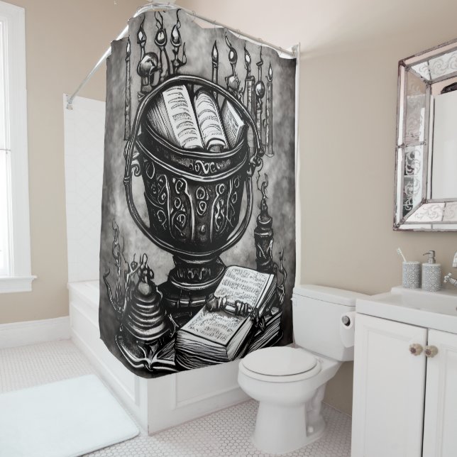 Silvery Steampunk Cauldron Spellbooks and Potions Shower Curtain (In Situ)