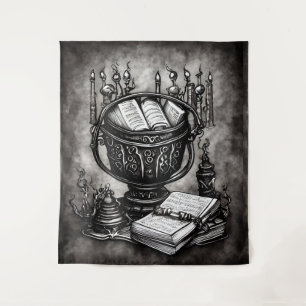 Silvery Steampunk Cauldron Spellbooks and Potions Tapestry