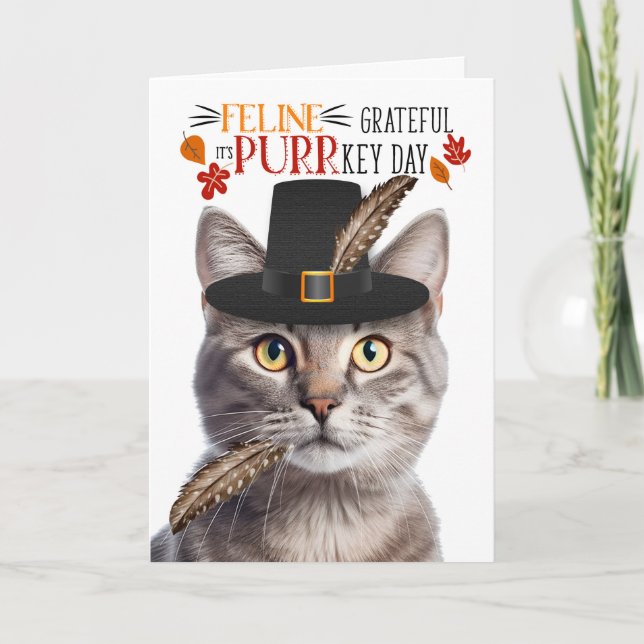 Silvery Tabby Cat Feline Grateful for PURRkey Day Holiday Card (Front)