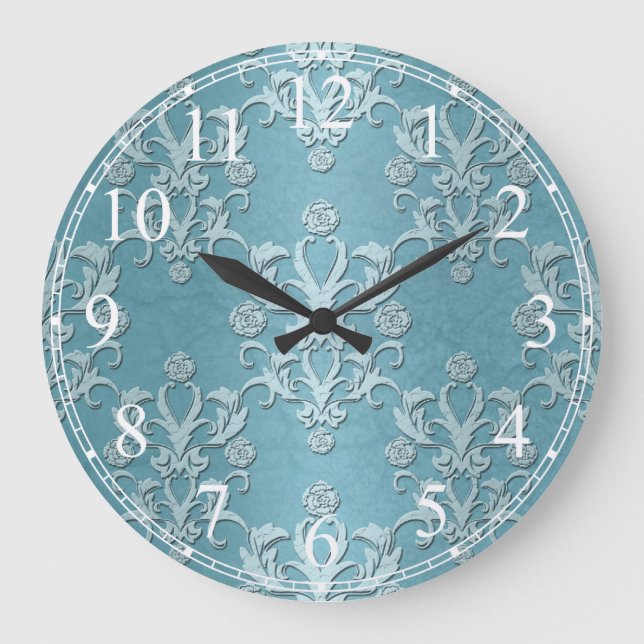 Silvery Teal Floral Damask Design Large Clock (Front)