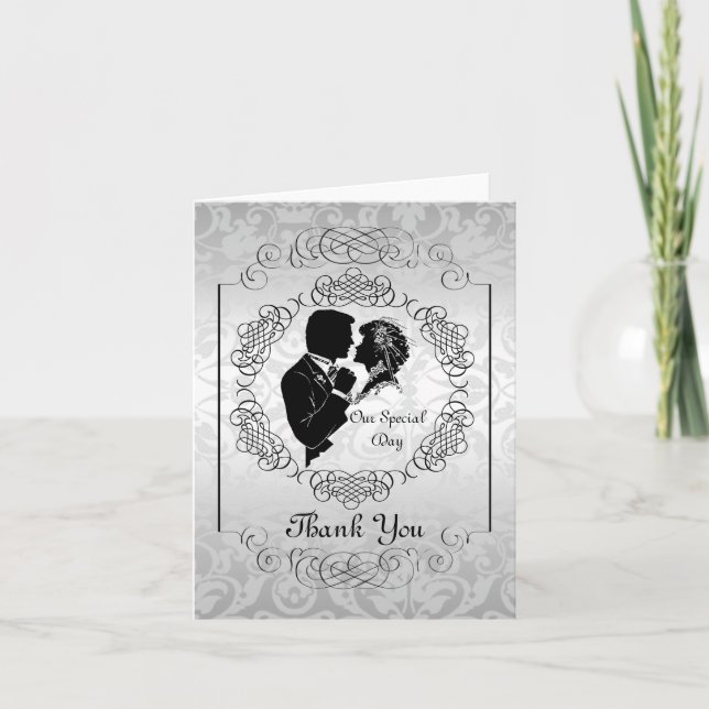Silvery White Bride & Groom Silhouette Note Card (Front)