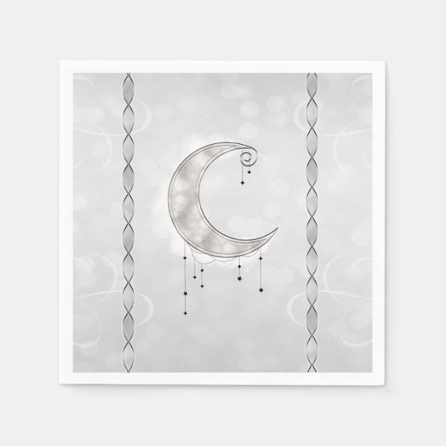 Silvery White Crescent Moon Stars Engagement Party Napkin (Front)