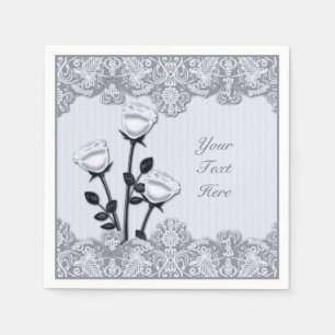 Silvery White Satin Roses and Lace Napkins