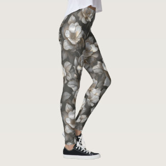 Silvery Women Active Wear Gardenias Flower Mum Leggings