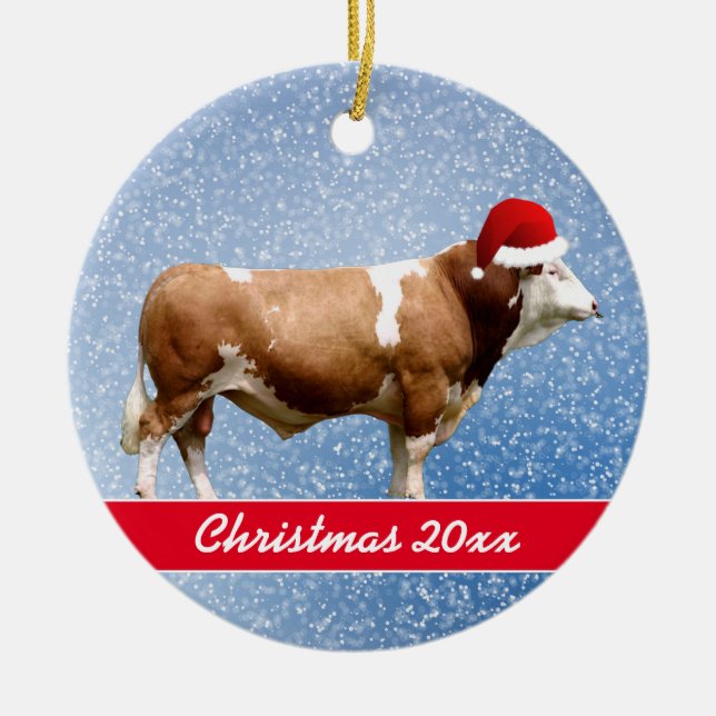 Simmental Bull and Santa Hat   Ceramic Ornament (Front)