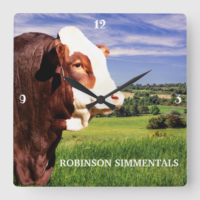 Simmental Bull in Pasture   Square Wall Clock (Front)