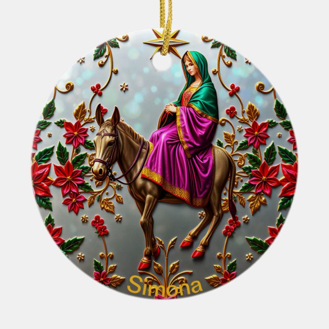 SIMONA ~ Mary on the Donkey ~  Ceramic Ornament (Front)