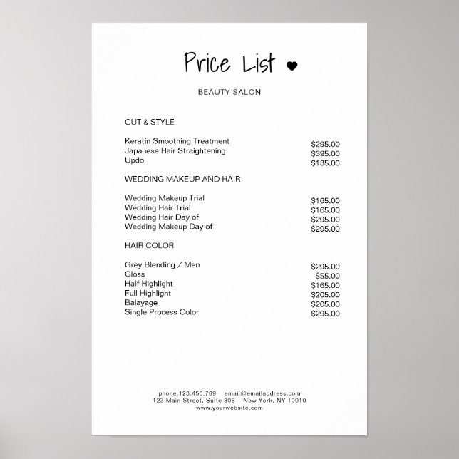 Simpel Black White Price List Poster (Front)