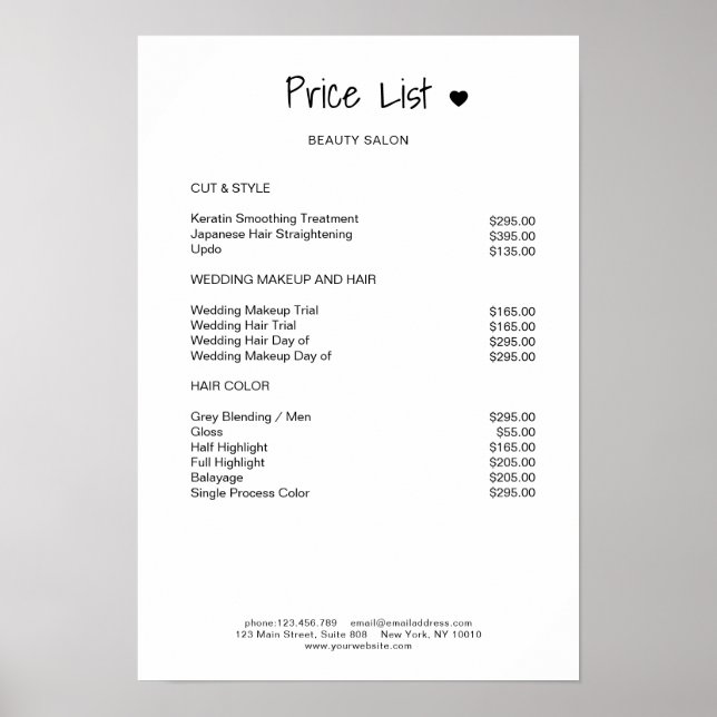Simpel Black White Price List Poster (Front)