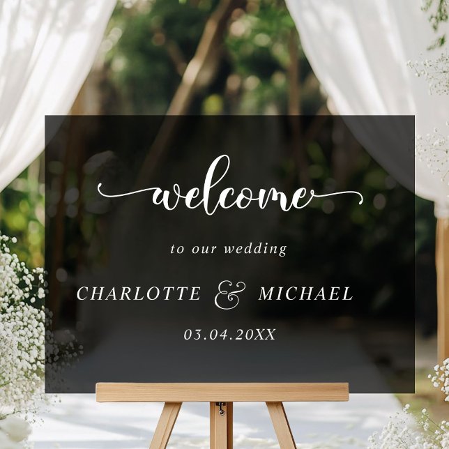 Simpel, elegant, wedding acrylic sign (Elegant Simpel Weddings Acrylic "Welcome" Sign, black transparent, with your names & date.)