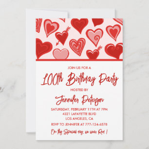 Simple 100th birthday invitations for her Hearts