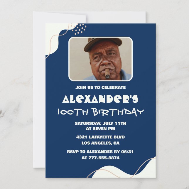 Simple 100th birthday invitations Men Photo Navy (Front)