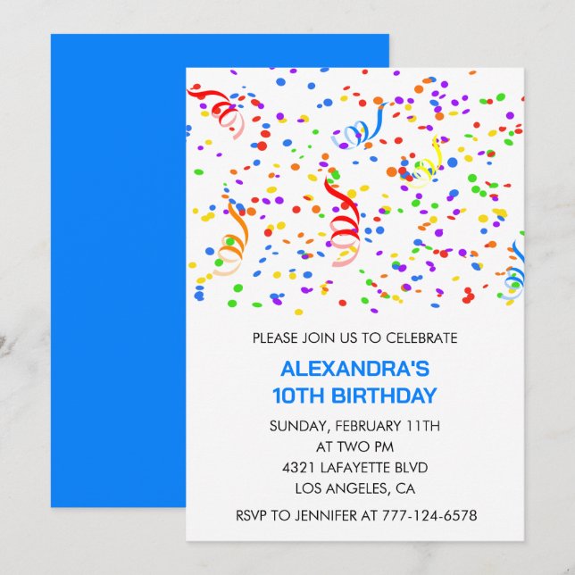 Simple 10th birthday invitations Confetti Rainbow (Front/Back)