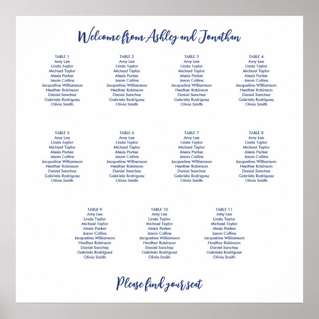 Simple 11 Table Dark Blue Seating Chart (Front)
