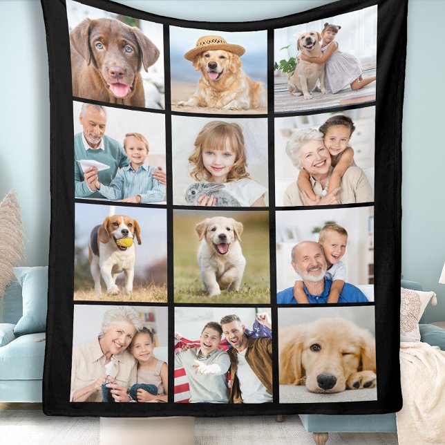 Simple 12 Photo Collage Family Friends Pets Fleece Blanket (Creator Uploaded)