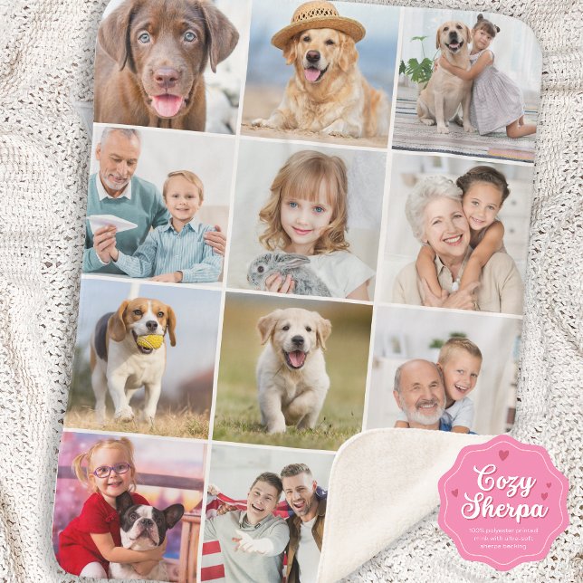 Simple 12 Picture Family Friends Pets Dog Collage Sherpa Blanket (Creator Uploaded)
