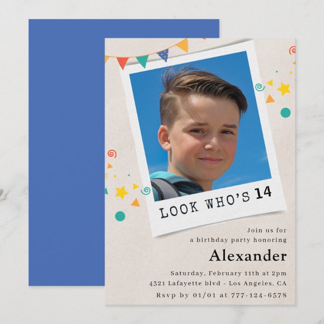 Simple 14th birthday invitations Blue Photo (Front/Back)
