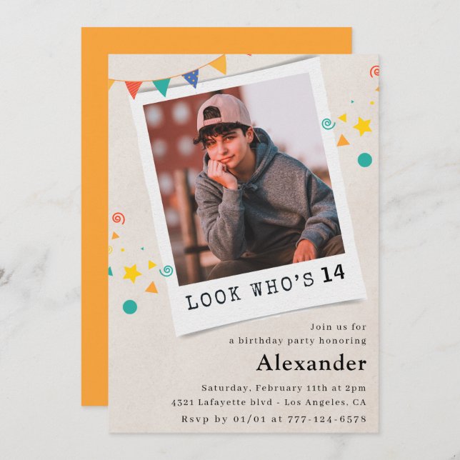 Simple 14th birthday invitations Boy Photo (Front/Back)
