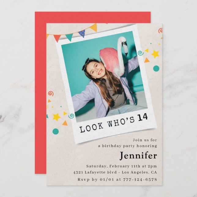 Simple 14th birthday invitations Girl Photo (Front/Back)