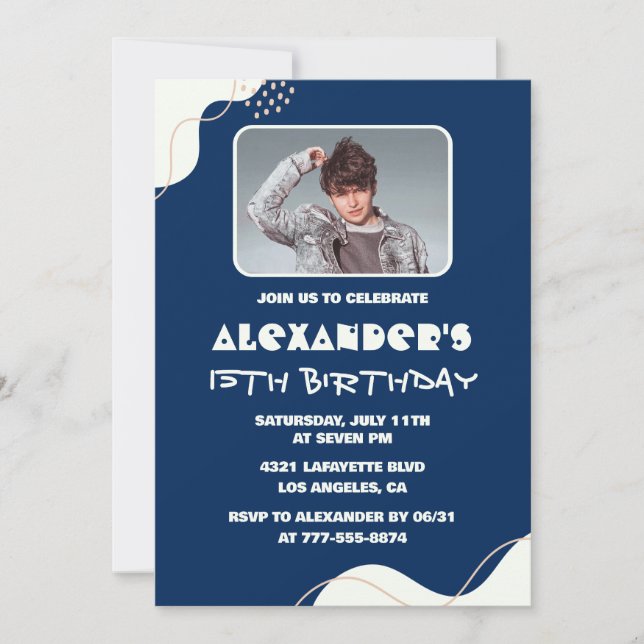 Simple 15th birthday invitations Men Photo Navy (Front)
