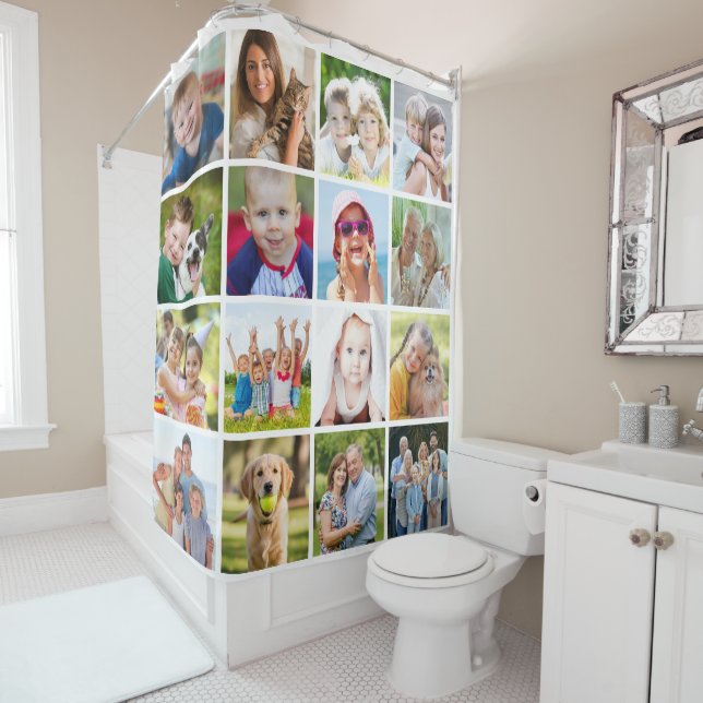 Simple 16 Square Photo Collage Shower Curtain (In Situ)