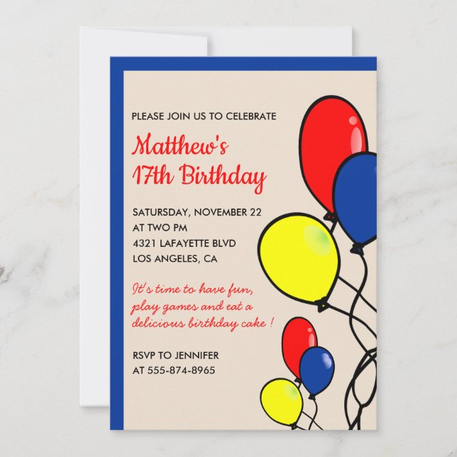 Simple 17th birthday invitations Balloons Boy (Front)