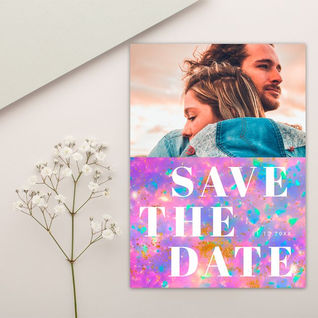 Simple 1 Photo Bold Opal Stone and White Wedding Save The Date (Front)