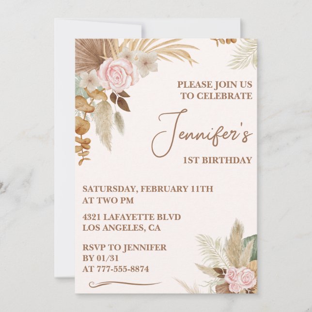 Simple 1st birthday invitation Modern Boho Floral (Front)