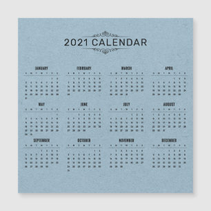 Simple 2021 Calendar on Blue Paper   Magnetic Card