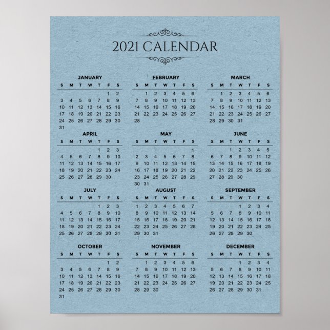 Simple 2021 Calendar on Blue Paper | Poster (Front)