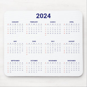 Simple 2024 Year At A Glance Blue & White Calendar Mouse Pad