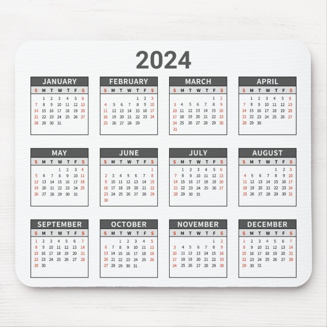 Simple 2024 Year At A Glance Grey & White Calendar Mouse Pad (Front)
