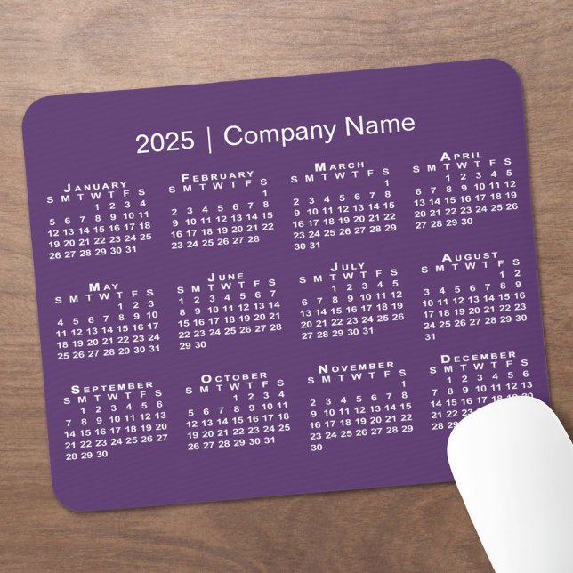 Simple 2025 Calendar Company Name on Purple Mouse Pad (Simple 2025 Calendar Company Name on Purple Mouse Pad in situ)