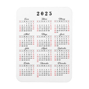 Simple 2025 Calendar in Spanish White Black Red Magnet
