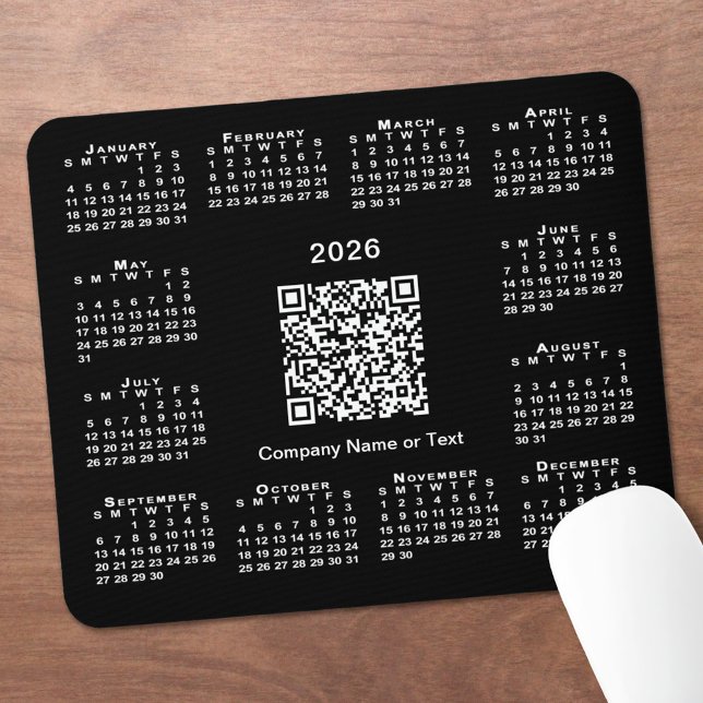 Simple 2026 Calendar Business QR Code on Black Mouse Pad (Simple 2026 Calendar Business QR Code on Black Mouse Pad, in situ)