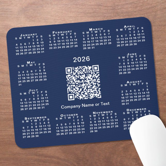 Simple 2026 Calendar Business QR Code on Navy Blue Mouse Pad (Simple 2026 Calendar Business QR Code on Navy Blue Mouse Pad, in situ)
