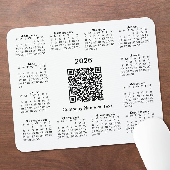 Simple 2026 Calendar Business QR Code on White Mouse Pad (Simple 2026 Calendar Business QR Code on White Mouse Pad, in situ)