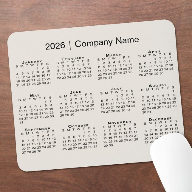 Simple 2026 Calendar with Company Name on Beige Mouse Pad (Simple 2026 Calendar with Company Name on Beige Mouse Pad, in situ)