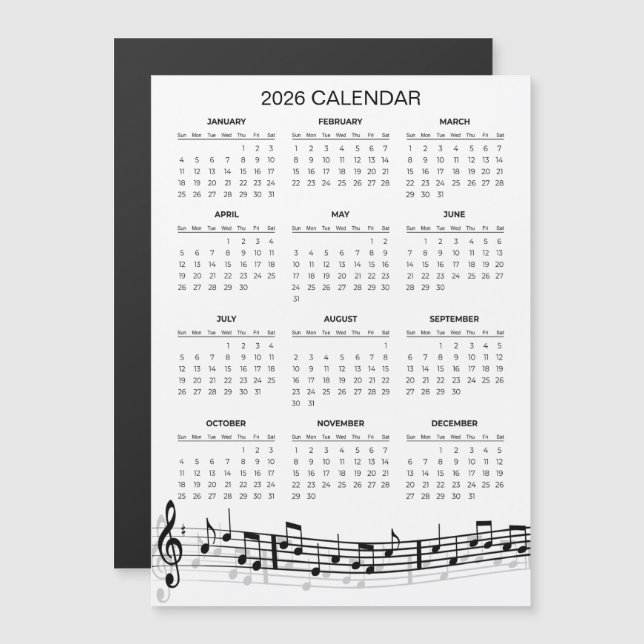 Simple 2026 Calendar with Musical Notes | Magnet (Front/Back)