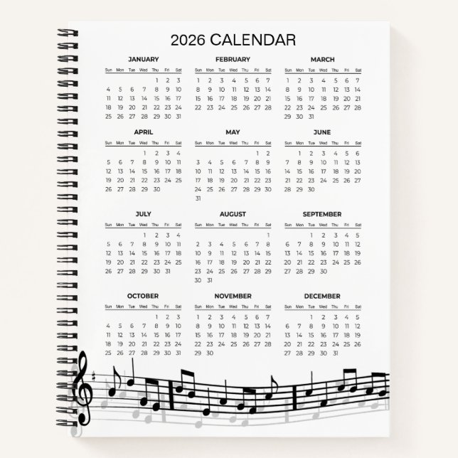 Simple 2026 Calendar with Musical Notes |  Notebook (Front)