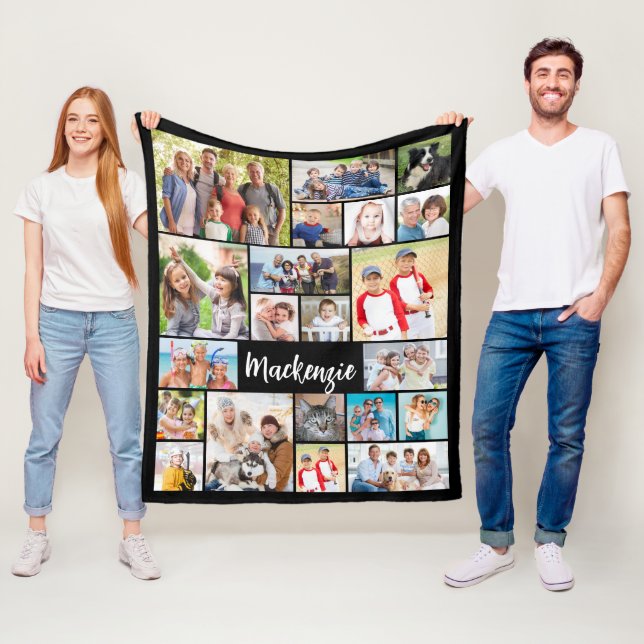 Simple 21 Photo Collage Custom Colour Personalised Fleece Blanket (In Situ)