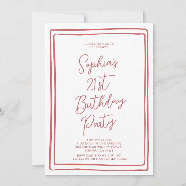 Simple 21st Birthday Hand drawn Script Red Photo Invitation (Front)