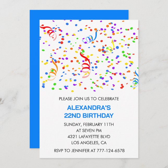 Simple 22nd birthday invitations Confetti Rainbow (Front/Back)
