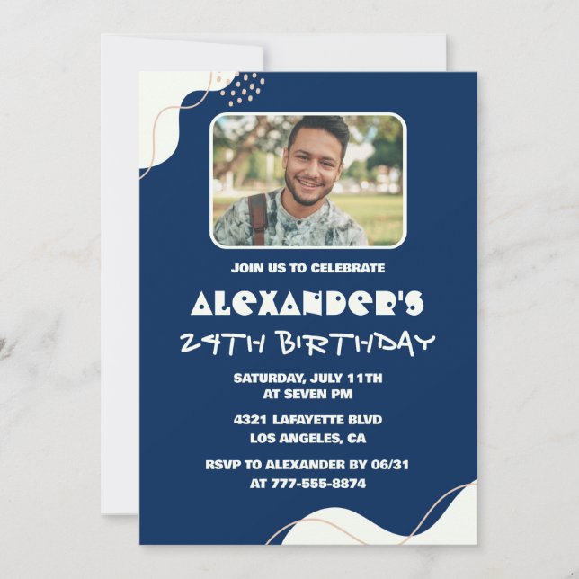 Simple 24th birthday invitations Men Photo Navy (Front)